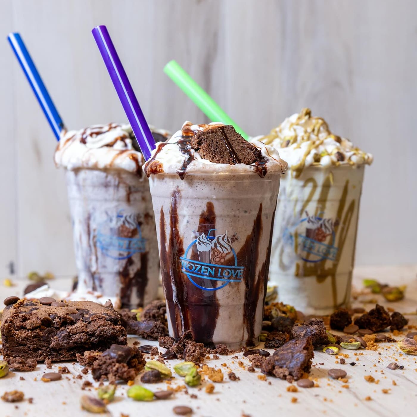 Three Frozen Love shakes: brownie, cookies and cream, and pistachio