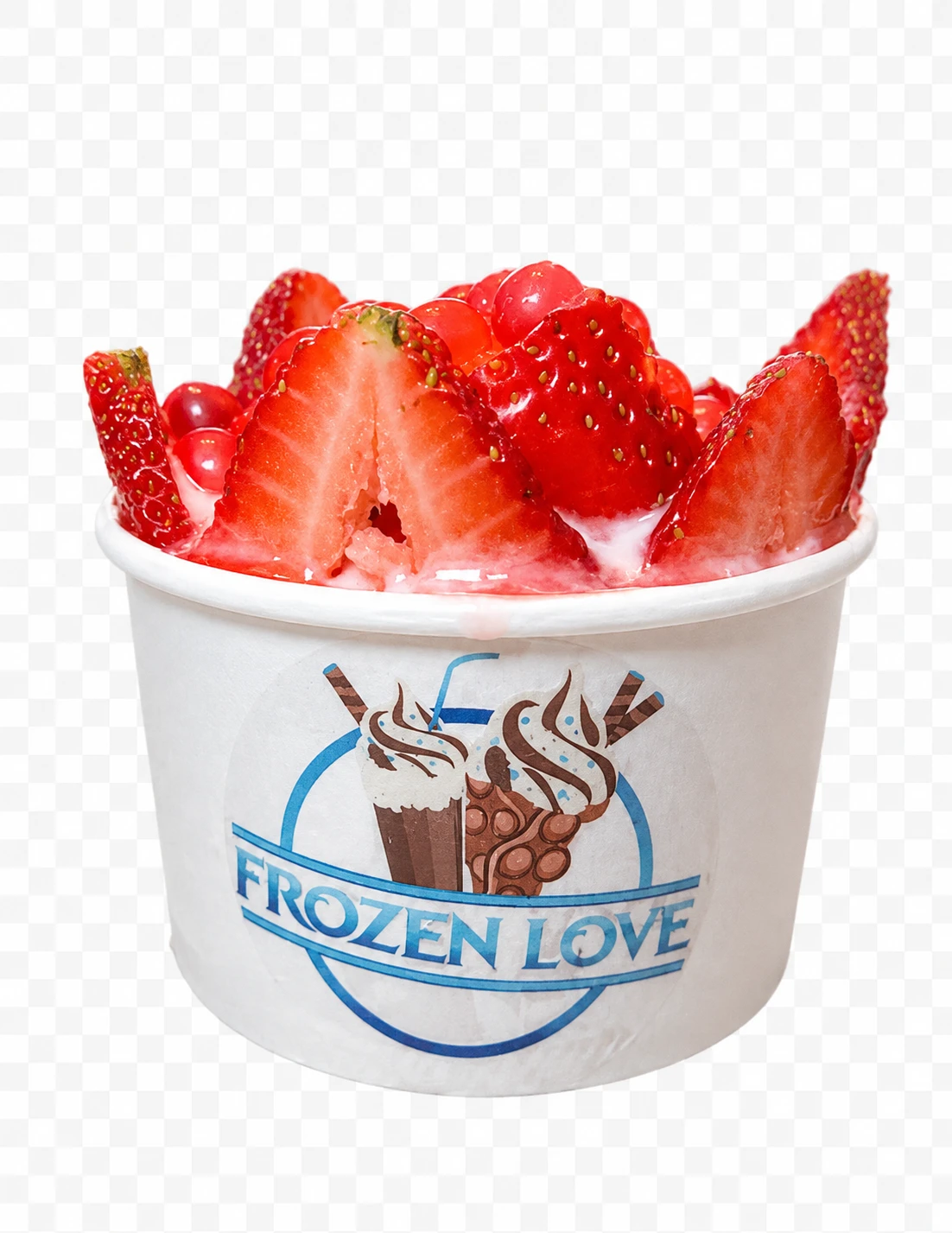 Frozen Love strawberry ice cream cup piled with fresh strawberries and popping boba